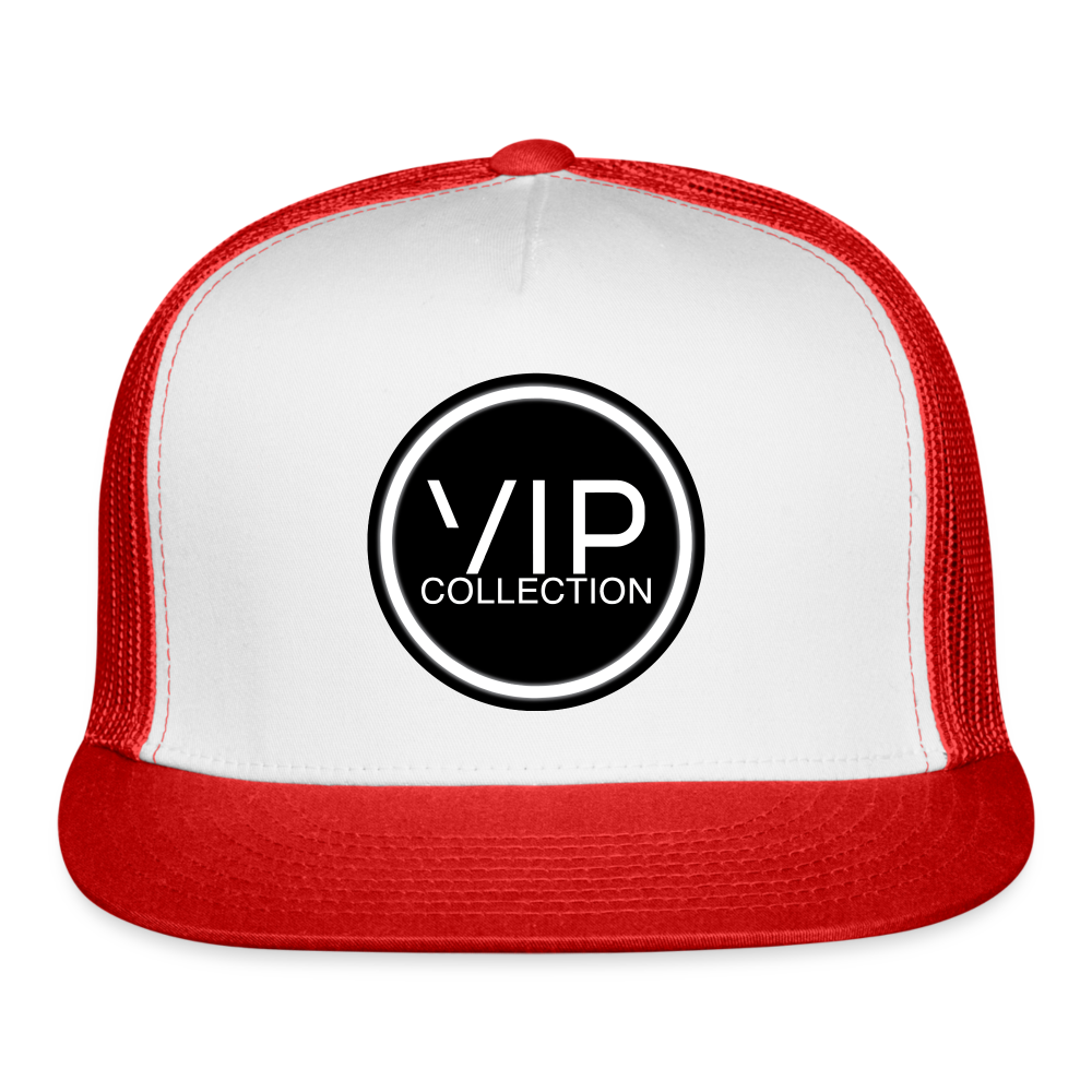 VIP Black/White Label Flatbill Trucker Hat - white/red