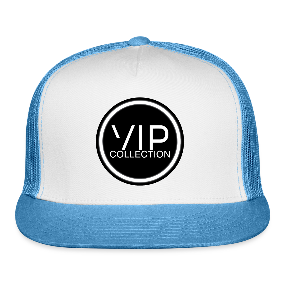VIP Black/White Label Flatbill Trucker Hat - white/blue