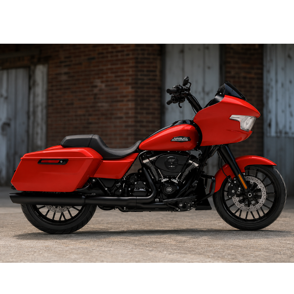 A red and black Harley-Davidson touring motorcycle parked outdoors against a brick wall and weathered metal garage doors.