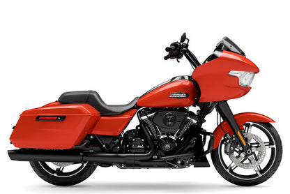A red Harley-Davidson touring motorcycle with black saddlebags, a black seat, and black engine components, shown from a side profile on a white background.